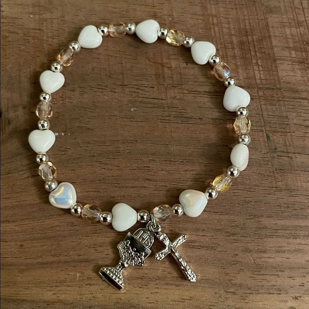 White Heart First Communion Bracelet